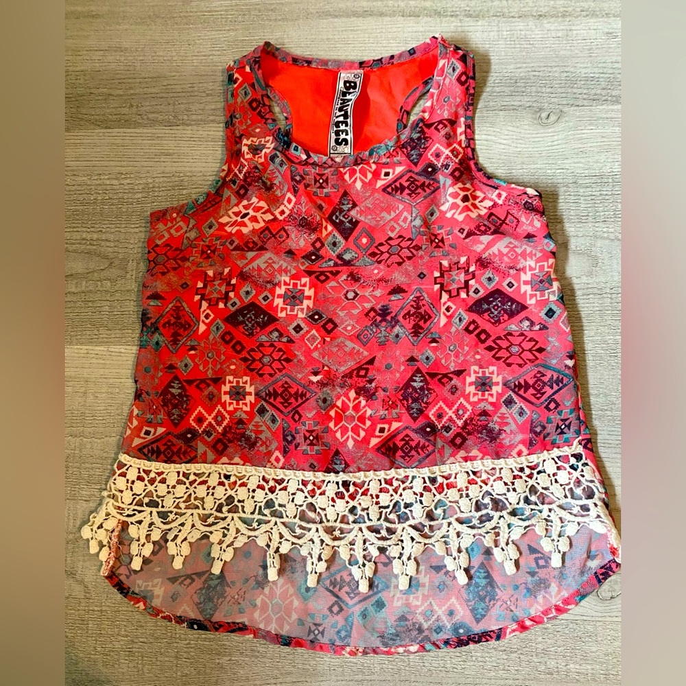 EUC Beautees Pink Tribal Crochet Cut-Out Tunic. Size 5. Sleeveless.